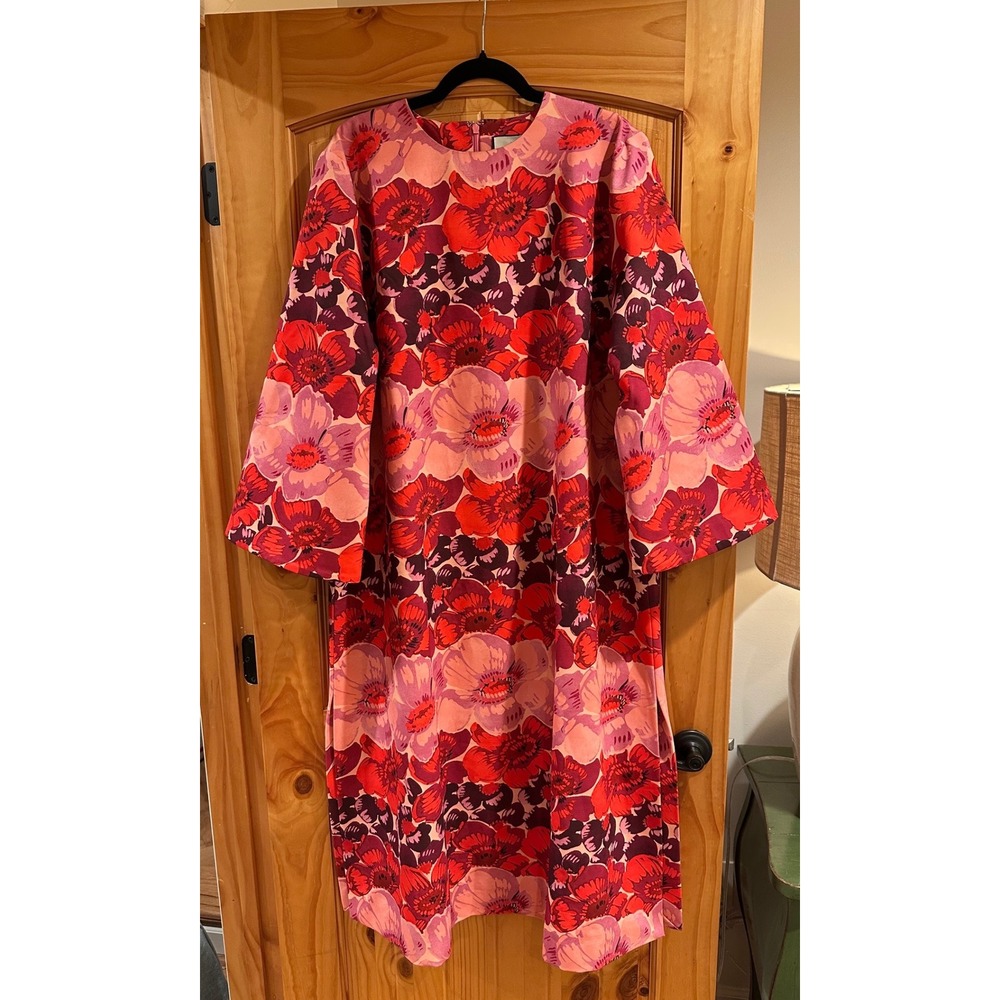 Tuckernuck Hutton Dress Poppy Stripe Floral Pink Red Midi 3X 3/4 Sleeve Crewneck - Picture 4 of 9
